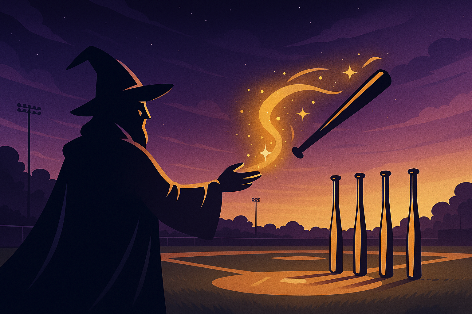 Wizard casting magic on baseball bat with sparkles at twilight baseball field